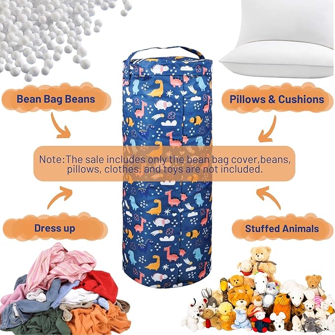 Dinosaur Stuffed Animal Storage Bean Bag Cover for Kids - Organize, Sit, Play & Box Help Promote Comfort and Relaxation - Perfect Playroom & Bedroom Plush Toys Beanbag, Cylinder, Best Gift for Kids - LeafyLoom
