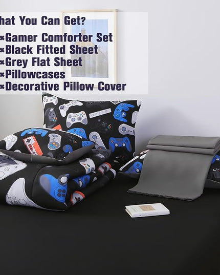 6Pcs Game Console Comforter Set with Sheets for Boys Girls Kids Teens, Gamepad Collection Themed Bed in A Bag Full Size, 3D Video Gamer Controller Bedroom Decor Bedding Set - LeafyLoom