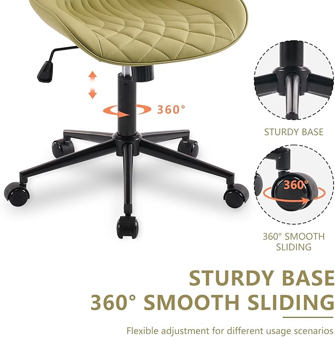 YOUNIKE Armless Office Chair with Wheels, Swivel Desk Chair Rolling Task Chair with Back, Upholstered Leather Computer Chair, Height Adjustable Modern Vanity Chair Avocado Green - LeafyLoom