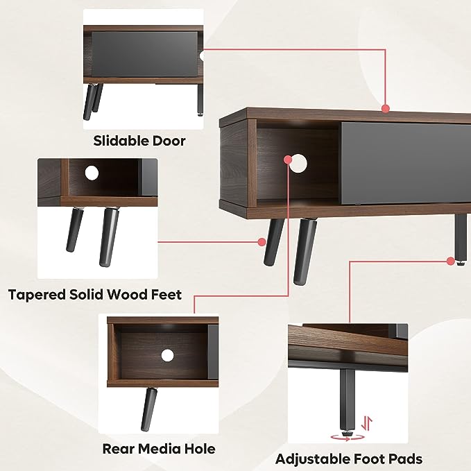 Bestier 70 inch Mid Century Modern TV Stand for 75 inch TV, Low Profile TV Stand with Storage, Entertainment Center for Living Room, Cord Management, Walnut - LeafyLoom