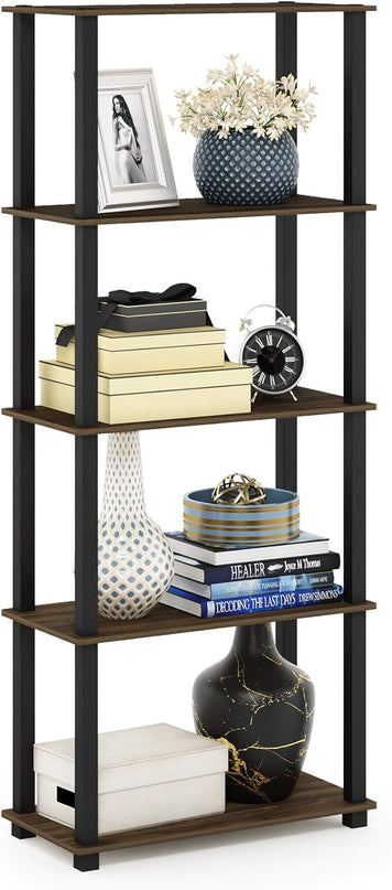 Furinno Turn-N-Tube 5-Tier Multipurpose Shelf / Display Rack / Storage Shelf / Bookshelf, Square Tubes, Columbia Walnut/Black - LeafyLoom