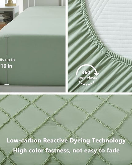 Boho Sage Green Comforter Set with Jacquard Tufted Design,Farmhouse Bedding Sets for All Seasons,Soft 7 Pieces King Bed in a Bag with Comforter,Flat Sheet,Fitted Sheet,Pillowcases & Shams - LeafyLoom