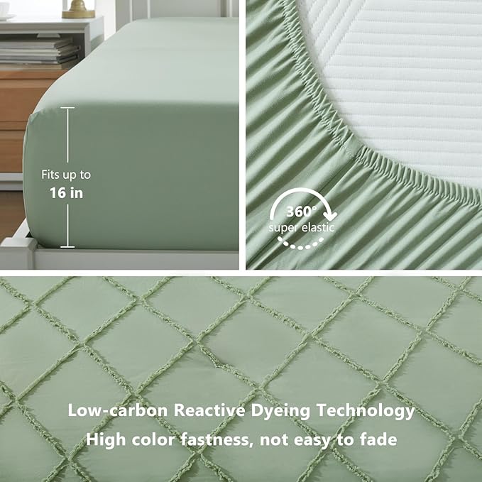 Boho Sage Green Comforter Set with Jacquard Tufted Design,Farmhouse Bedding Sets for All Seasons,Soft 7 Pieces King Bed in a Bag with Comforter,Flat Sheet,Fitted Sheet,Pillowcases & Shams - LeafyLoom