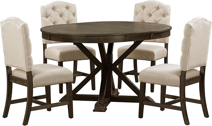5-Piece Retro Style Dinette Sets with Round Extendable Kitchen Dining Table, 4 Upholstered Chairs, for Diningroom Living Room, Easy to Assemble, Espresso 5 - LeafyLoom