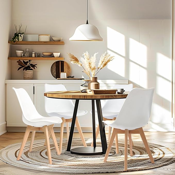 CangLong, White Modern Set, Shell Chair with Wood Legs for Kitchen, Dining, Living Room-Set of 4, Pack of 4 - LeafyLoom