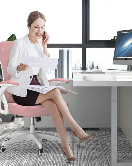 naspaluro Ergonomic Office Chair, Mid Back Desk Chair with Adjustable Height, Swivel Chair with Flip-Up Arms and Lumbar Support, Breathable Mesh Computer Chair for Home/Study/Working, Pink - LeafyLoom