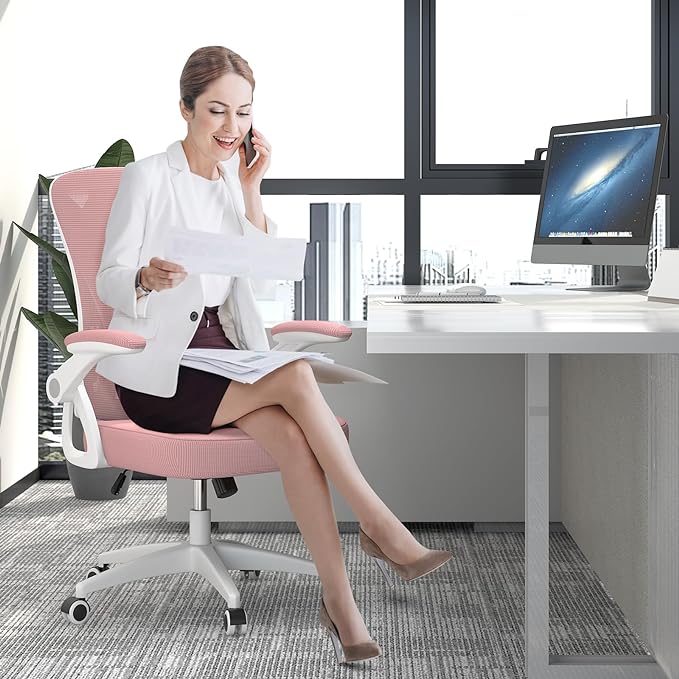 naspaluro Ergonomic Office Chair, Mid Back Desk Chair with Adjustable Height, Swivel Chair with Flip-Up Arms and Lumbar Support, Breathable Mesh Computer Chair for Home/Study/Working, Pink - LeafyLoom