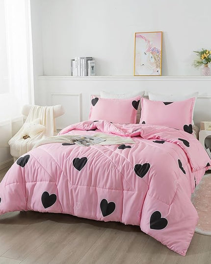 Girls Pink Comforter Set Twin Size, Blush Pink Cute Love Heart Print Sexy Comforter Bedding Set for All Seasons, Geometric Soft Microfiber Comforter Set with Pillowsham - LeafyLoom