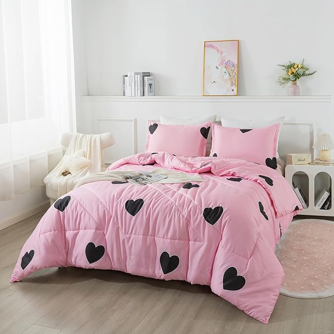 Girls Pink Comforter Set Twin Size, Blush Pink Cute Love Heart Print Sexy Comforter Bedding Set for All Seasons, Geometric Soft Microfiber Comforter Set with Pillowsham - LeafyLoom