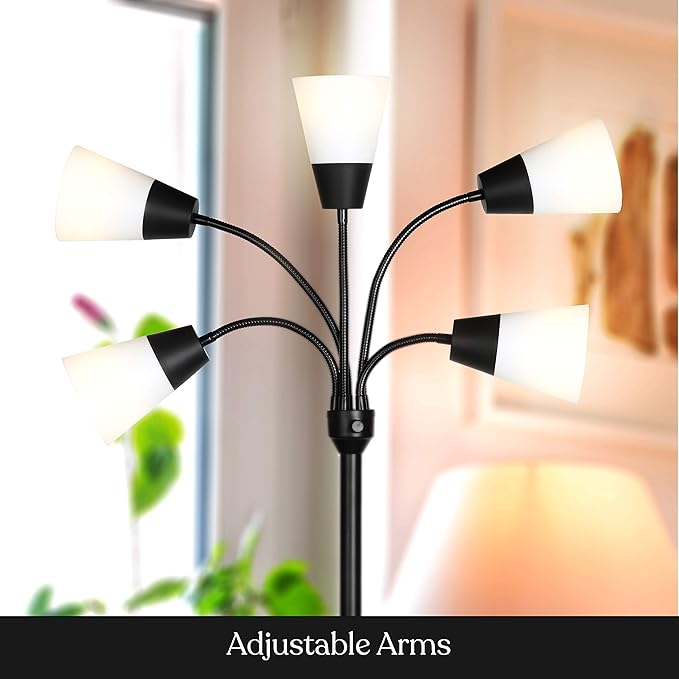 Brightech Medusa Modern LED Floor Lamp – Multi Head Floor Lamp for Living Rooms & Offices – Tall Lamp with Interchangeable Shade, Standing Lamp with 5 LED Bulbs for Hobbies - Black - LeafyLoom