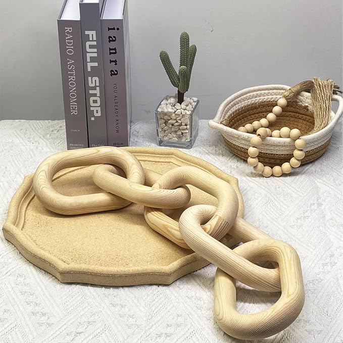 Wood Chain Link Decor | Hand Boho Carved Decor for Table, Shelf Decor Accents, Rustic Farmhouse Aesthetic 5 Link Chain Decor, Home Living Room, Bedroom, Entryway Coffee Table Decor(Wood Color) - LeafyLoom
