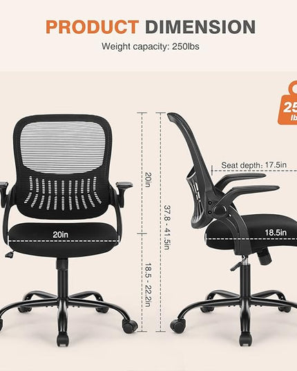 Sweetcrispy Office Computer Desk Chair, Ergonomic Mid-Back Mesh Rolling Work Swivel Task Chairs with Wheels, Comfortable Lumbar Support, Comfy Flip-up Arms for Home, Bedroom, Study, Student, Black - LeafyLoom
