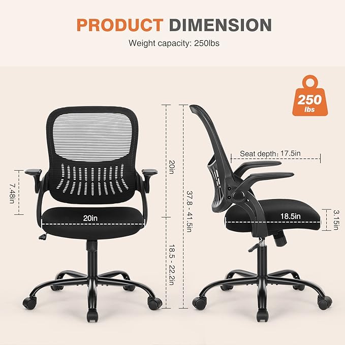 Sweetcrispy Office Computer Desk Chair, Ergonomic Mid-Back Mesh Rolling Work Swivel Task Chairs with Wheels, Comfortable Lumbar Support, Comfy Flip-up Arms for Home, Bedroom, Study, Student, Black - LeafyLoom