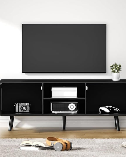 Anmytek Farmhouse Rattan TV Stand for 55 Inches TV Mid Century Modern Entertainment Center with Storage Cabinet Wood Small Media Console for Living Room Black H0056 - LeafyLoom