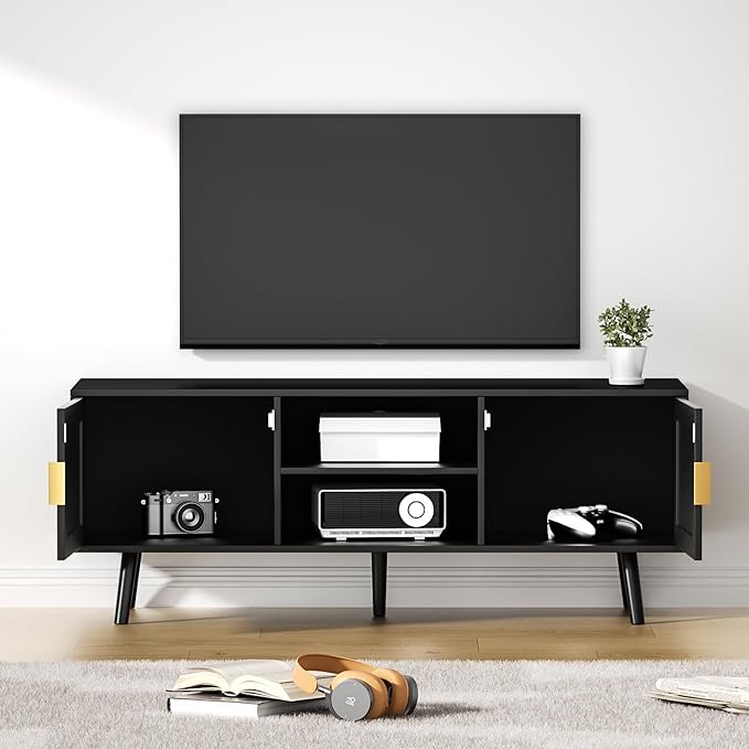 Anmytek Farmhouse Rattan TV Stand for 55 Inches TV Mid Century Modern Entertainment Center with Storage Cabinet Wood Small Media Console for Living Room Black H0056 - LeafyLoom