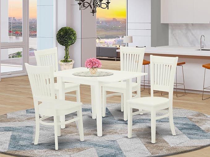 East West Furniture Norden 5 Piece Dining Set for 4 includes a Rectangle Kitchen Table with Dropleaf and 4 Dinette Chairs, 30x48 Inch, Linen White - LeafyLoom