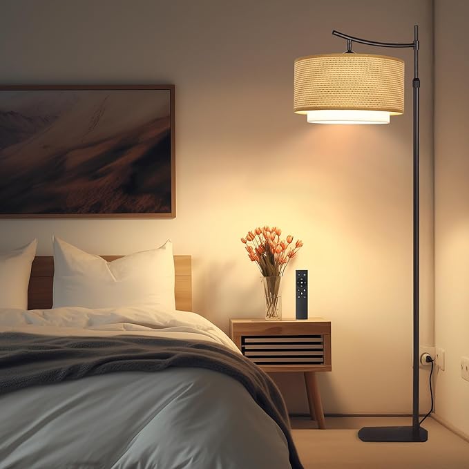 Arc Boho Farmhouse Black Floor Lamp, Standing Lamp with Rattan & Fabric Double Shade with Remote Control, Dimmable LED Bulb with 6 Color Temperature, Tall Pole for Living Room Bedroom Corner Office - LeafyLoom