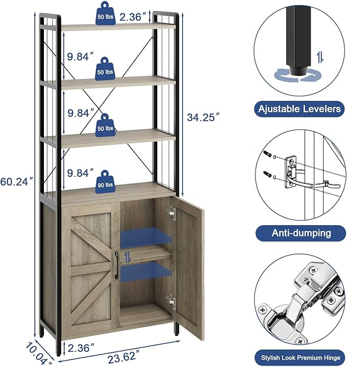 𝐇𝐚𝐥𝐢𝐭𝐚𝐚 Bookshelf and Bookcases with Doors Gray 6 Shelf Display Storage Shelves Tall Bookshelf Versatile Organizer Storage Cabinet Home Decor Furniture for Home Office, Study, Living Room - LeafyLoom