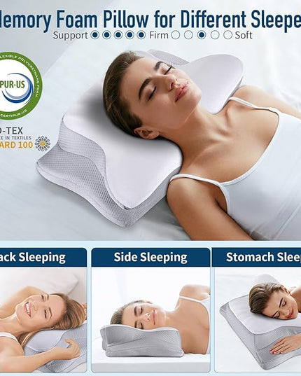 Cervical Neck Pillow Memory Foam Pillows Cooling Pillow for Neck Pain Relief, Ergonomic Orthopedic Neck Support Contour Bed Pillow for Side Back Stomach Sleepers with Washable Ice Silk Pillowcase - LeafyLoom