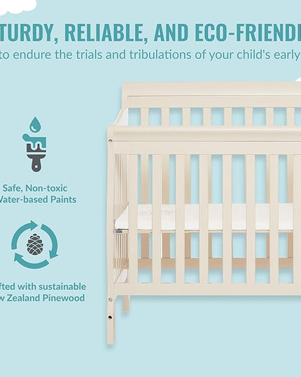 Aden 4-in-1 Convertible Mini Crib In French White, Greenguard Gold Certified, Non-Toxic Finish, New Zealand Pinewood, With 3 Mattress Height Settings - LeafyLoom