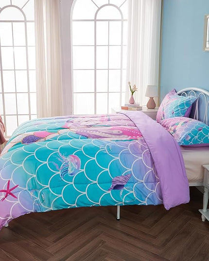 Queen Size Comforter Sets for Girls Mermaid Tail Rainbow Scales Bedding Set 3 Pieces Queen Comforter with 2 Pillowcases for Kids, Teenagers - LeafyLoom