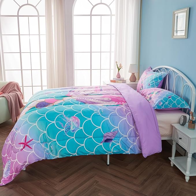 Twin/Twin XL Comforter Set for Girls Mermaid Tail Rainbow Scales Bedding Set 2 Pieces Twin Size Comforter with Pillowcase for Kids, Teenagers - LeafyLoom