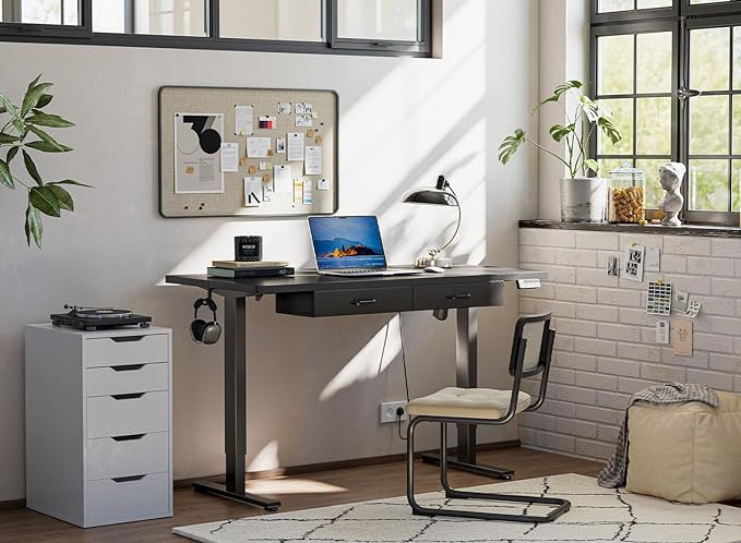FEZIBO Adjustable Height Electric Standing Desk with Double Drawer, 48 x 24 Inches Stand Up Home Office Desk with Splice Tabletop, Black Frame/Black Top - LeafyLoom