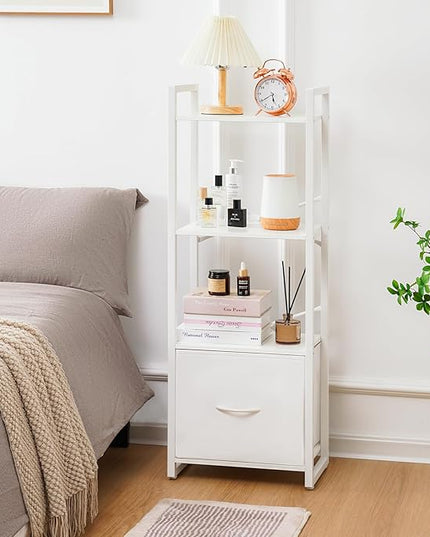 Yoobure Bookshelf, 4 Tier Book Shelf with Drawer, Small Bookcase Narrow Book Case, Industrial Bookshelves Shelf for Bedroom Living Room Office, Book Storage Organizer for CD/Movie White - LeafyLoom