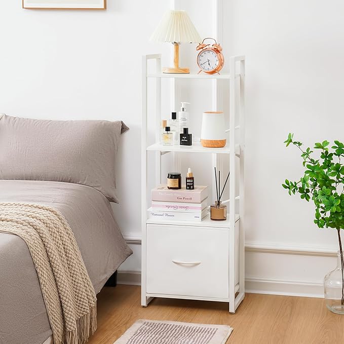 Yoobure Bookshelf, 4 Tier Book Shelf with Drawer, Small Bookcase Narrow Book Case, Industrial Bookshelves Shelf for Bedroom Living Room Office, Book Storage Organizer for CD/Movie White - LeafyLoom