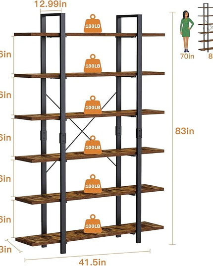 FRAPOW Bookshelf, 6 Tier Book Shelf 83Inch Tall Bookcase, Industrial Large Bookshelves Rustic Book Case with Open Metal Frame for Office, Bedroom, Farmhouse, Living Room - LeafyLoom