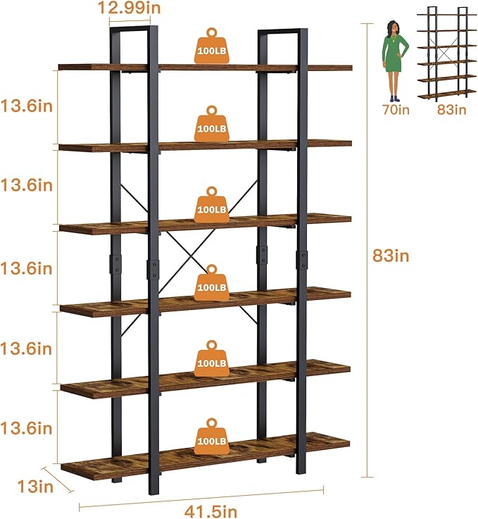 FRAPOW Bookshelf, 6 Tier Book Shelf 83Inch Tall Bookcase, Industrial Large Bookshelves Rustic Book Case with Open Metal Frame for Office, Bedroom, Farmhouse, Living Room - LeafyLoom