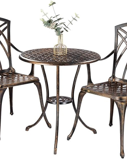 Bistro Set 3 Piece Rustproof Cast Aluminum Patio Furniture Sets Round Table with Umbrella Hole for Outdoor, Patio, Balcony, Bronze - LeafyLoom