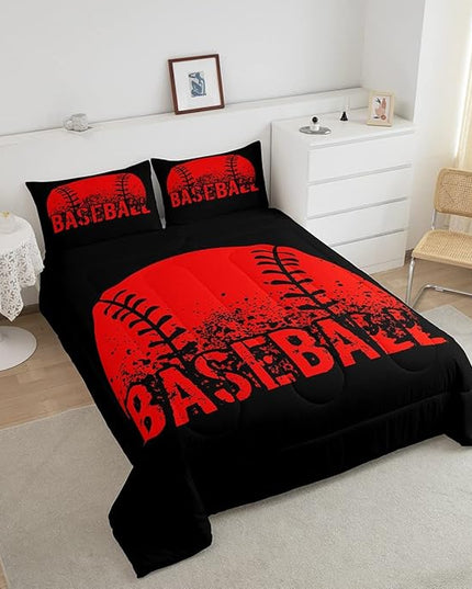 Baseball Comforter Set Full Size Kids Red Black Sports Quilt Bedding Set For Boys Girls,Reversible Black Bedding Comforter Sets Soft Lightweight For All Season,1 Comforter And 2 Pillow Cases - LeafyLoom