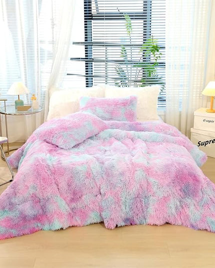 Faux Fur Kids Girls Purple Rainbow Comforter Sets King - 3PC Bed Set Warm Comfortable Soft Plush Flannel Velvet Fluffy Fuzzy Bedding（Comforter x 1 Pillowcases x 2） - LeafyLoom
