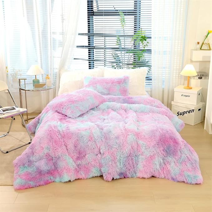 Faux Fur Kids Girls Purple Rainbow Comforter Sets King - 3PC Bed Set Warm Comfortable Soft Plush Flannel Velvet Fluffy Fuzzy Bedding（Comforter x 1 Pillowcases x 2） - LeafyLoom