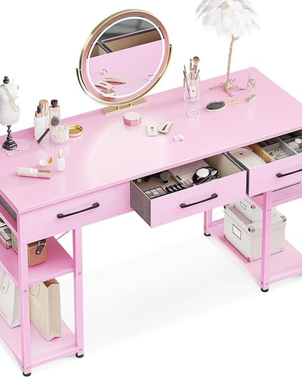 ODK Vanity Desk with Fabric Drawers & Storage Shelves, Makeup Dressing Table, Home Office Desks for Bedroom, Modern Simple Writing Desk,Pink, 48"x16" (No Mirror - LeafyLoom