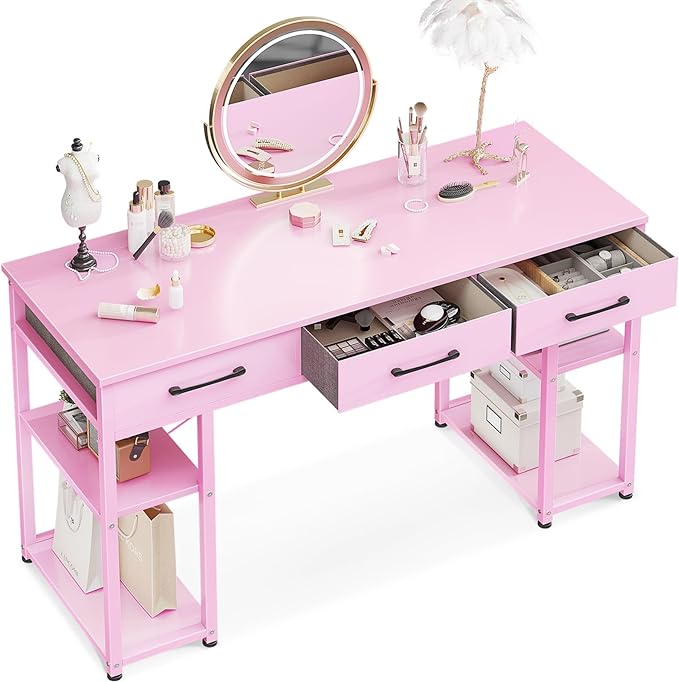 ODK Vanity Desk with Fabric Drawers & Storage Shelves, Makeup Dressing Table, Home Office Desks for Bedroom, Modern Simple Writing Desk,Pink, 48"x16" (No Mirror - LeafyLoom