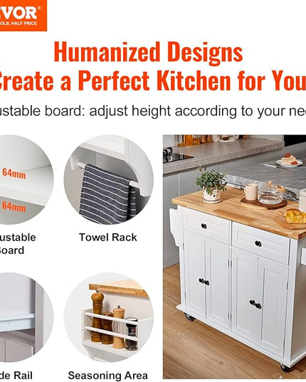VEVOR Kitchen Island Cart with Solid Wood Top, 35.4" Width Mobile Carts with Storage Cabinet, Rolling Kitchen Table with Spice Rack, Towel Rack, and Drawer, Portable Islands on Wheels, White - LeafyLoom