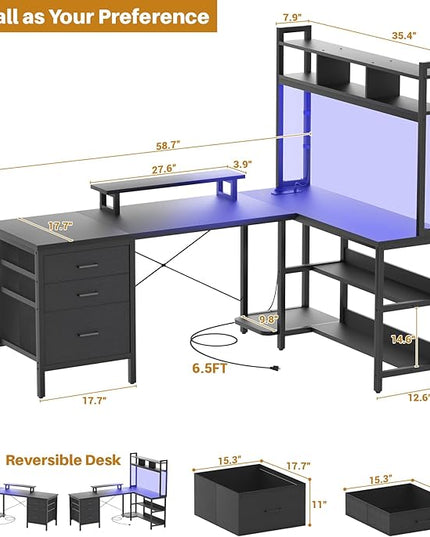 Aheaplus L Shaped Desk with Hutch, Gaming Desk with Led Lights, Reversible Computer Desk with Power Outlet, Corner Desk with File Drawer & Monitor Stand, Storage Shelves for Home Office, Black - LeafyLoom
