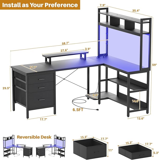 Aheaplus L Shaped Desk with Hutch, Gaming Desk with Led Lights, Reversible Computer Desk with Power Outlet, Corner Desk with File Drawer & Monitor Stand, Storage Shelves for Home Office, Black - LeafyLoom
