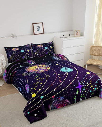 Feelyou Solar System Comforter Set Queen Size Outer Space Comforter for Kids Teens Adults Universe Planets Bedding Set Cute Astronaut Purple Duvet Set Room Decor 3Pcs with 2 Pillow Case - LeafyLoom