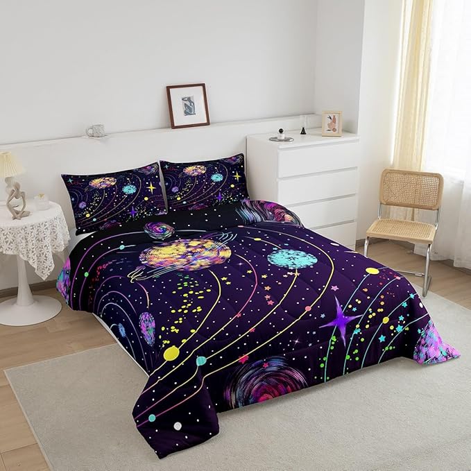 Feelyou Solar System Comforter Set Queen Size Outer Space Comforter for Kids Teens Adults Universe Planets Bedding Set Cute Astronaut Purple Duvet Set Room Decor 3Pcs with 2 Pillow Case - LeafyLoom