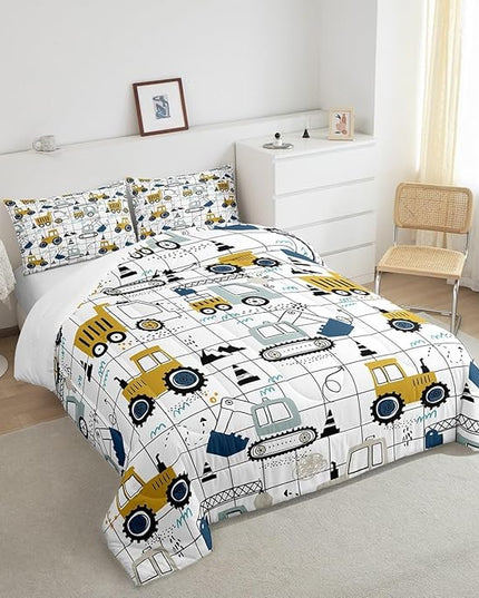 Construction Comforter Set Full Size Kids Excavator Tractor Toddler Comforter Cartoon Car Equipment Trucks Plaid Grid Comforter Set Construction Vehicles White Yellow Duvet Set - LeafyLoom