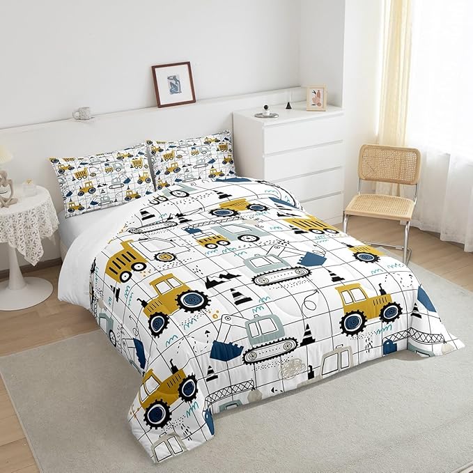 Construction Comforter Set Full Size Kids Excavator Tractor Toddler Comforter Cartoon Car Equipment Trucks Plaid Grid Comforter Set Construction Vehicles White Yellow Duvet Set - LeafyLoom
