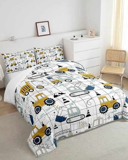 Feelyou Construction Comforter Set King Size Kids Excavator Tractor Toddler Comforter Cartoon Car Equipment Trucks Plaid Grid Comforter Set Construction Vehicles White Yellow Duvet Set - LeafyLoom