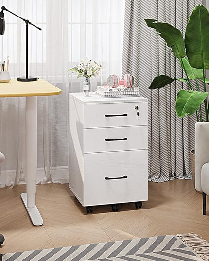 Panana 3 Drawer Wood Mobile File Cabinet, Under Desk Storage Drawers Small File Cabinet for Home Office (White) - LeafyLoom