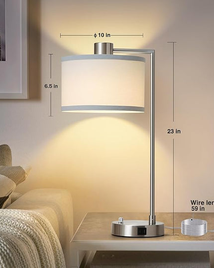 Luvkczc Table Lamp for Bedroom Set of 2 with USB C+A Ports - Fully Stepless Dimmable Bedside Lamp with Linen Lampshade - Contemporary Lamp for Living Room Reading Office, 2 LED Bulbs Included (Silver) - LeafyLoom