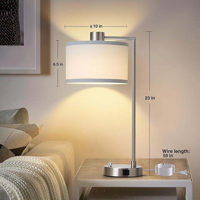 Luvkczc Table Lamp for Bedroom Set of 2 with USB C+A Ports - Fully Stepless Dimmable Bedside Lamp with Linen Lampshade - Contemporary Lamp for Living Room Reading Office, 2 LED Bulbs Included (Silver) - LeafyLoom