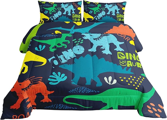 Axolotl Boys Bedding Cartoon Dinosaur Comforter Set Queen Size,Cute Dinosaur Bedding Set for Kids Boys Girls Teens Adults Room Decor,Kids Comforter Set All Season,1 Quilt 2 Pillow Cases,Purple - LeafyLoom