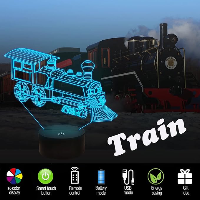FULLOSUN Train Night Light, 3D Illusion Lamp for Kids, 16 Colors Changing with Remote Control Dim Function, Creative Birthday Xmas Gifts for Kids Boys Bedroom Decor - LeafyLoom